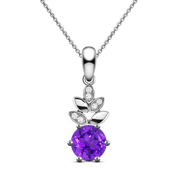 Vibrant Natural Round Purple Amethyst Sterling Silver Leaf Necklace